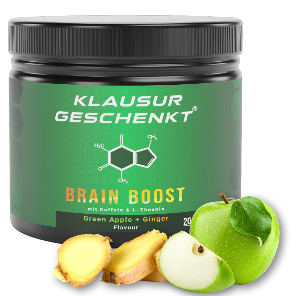 Der Brain Boost von Klausur Geschenkt dazu Ingwer und grüner Apfel.
